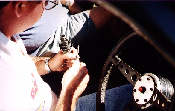 Neville holding the gear lever of the paddock basher
